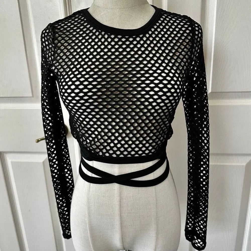 Rave Wonderland Black Fishnet Long Sleeve Wrap Crop Top